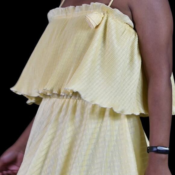 Vintage Tiered Midi Dress Yellow Ruffle Plisse Lemon 70s Pastel Homemade Large - Picture 8 of 14